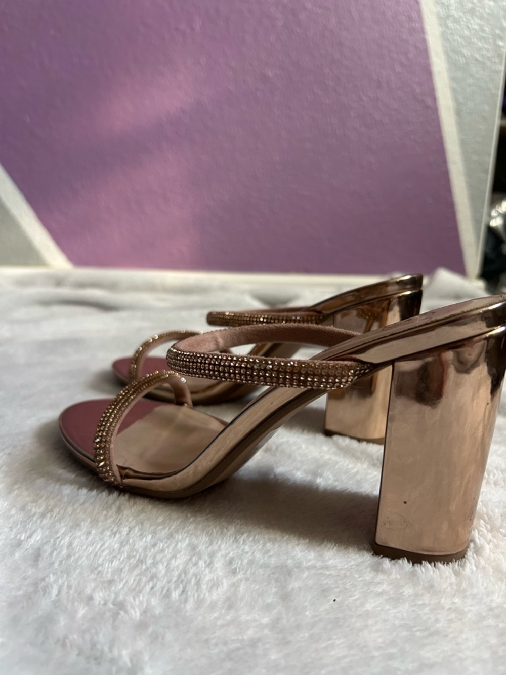 Women's Rose Gold Block Heel Sandals with Sparkling Straps